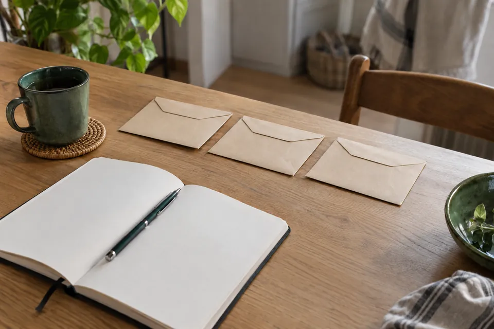 Drie enveloppen, een open notitieboek en een pen op een houten tafel