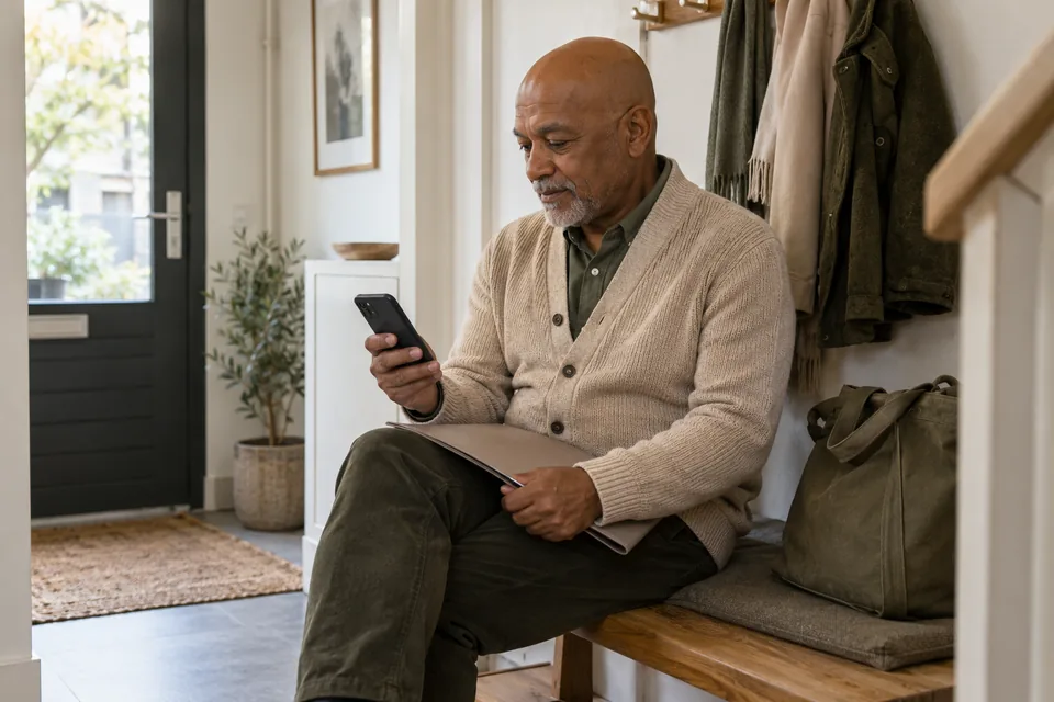 Persoon bekijkt een telefoon met een documentenmap op schoot.