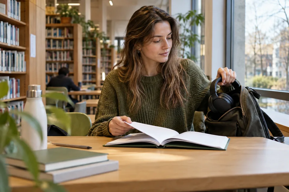 Vrouw legt een oefenboek en koptelefoon klaar aan een bibliotheektafel.