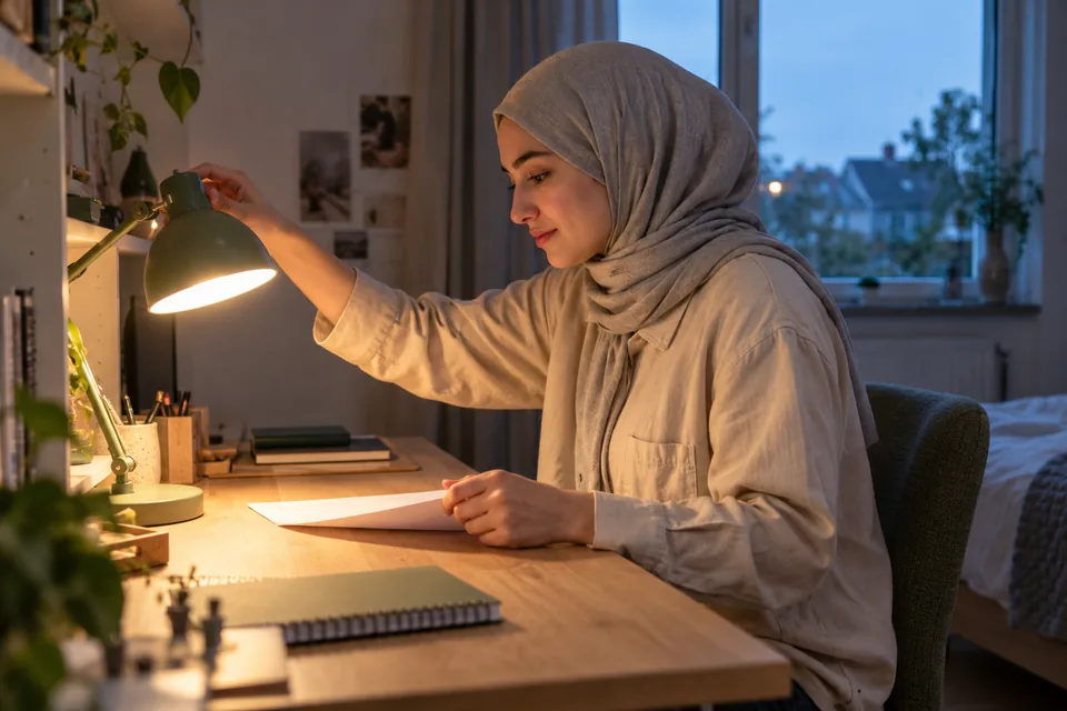 Persoon stelt een bureaulamp af boven een oefenblad.