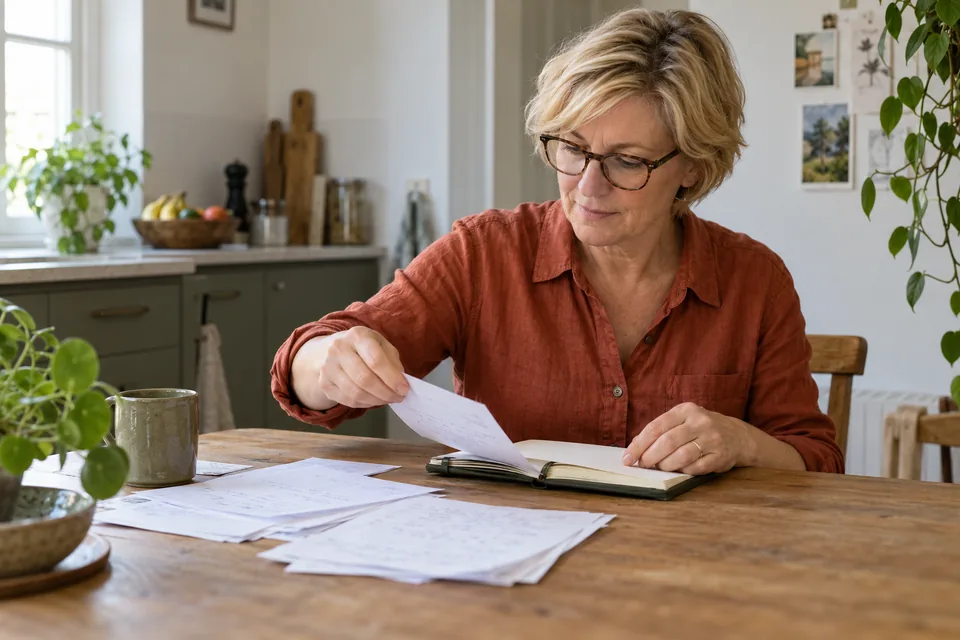 Persoon verwerkt een losse notitie in een oefenboek aan de keukentafel.