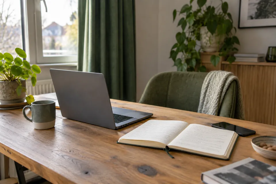 Lichte thuiswerkplek met een laptop, notitieboek en groene stoel
